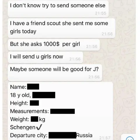 House Oversight Committee screenshot of a series of text messages in which someone says "i have a friend scout she sent me some girls today" and "but she asks 1000$ per girl" and "i will send you girls now" and "maybe someone will be good for J?" 