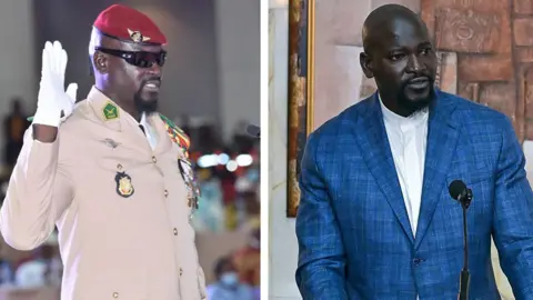 AFP via Getty Images A composite image of two pictures of Gen Mamadi Doumbouya. The one on the left shows him being sworn in in military uniform and on the right he is in a blue civilian suit.