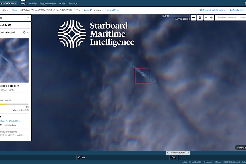 Screenshot of Starboard Maritime Intelligence webpage showing a satellite photo of the ocean with a helicopter landing deck