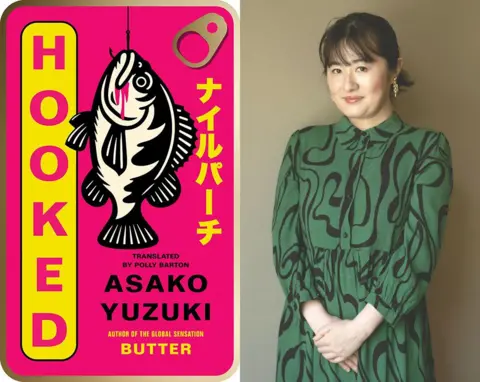 Julian Humphries, 4th Estate/Bungeishunju Ltd The book jacket for Hooked, it looks like the top of a can of tinned fish and is pink and yellow with a fish on the front. Plus an image of the author who has black hair with a fringe and is wearing a green and black dress.