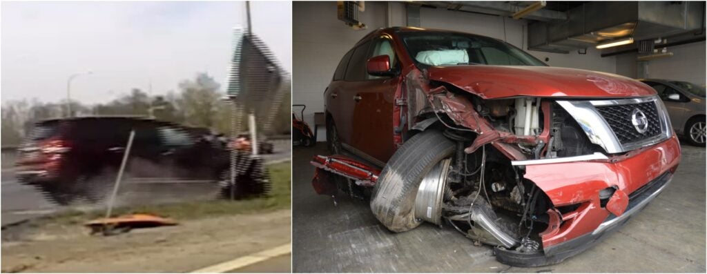 Side by side photos of surveillance footage of the car crash, and a close up of the dam