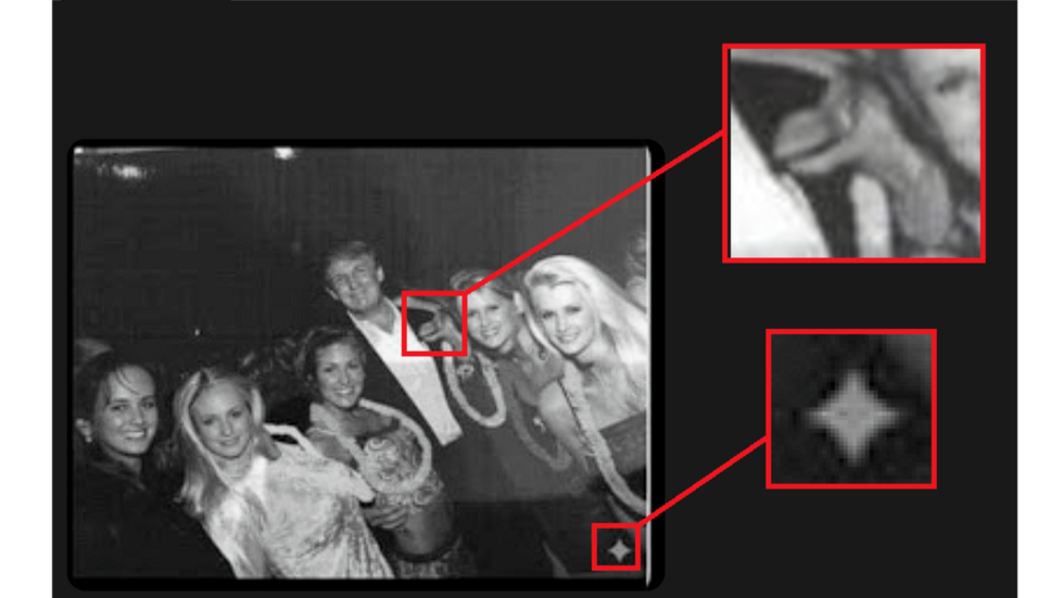 In this image, you can see Donald Trump’s deformed hand, often a clue that an image was AI-generated, as well as the Google AI watermark. Our team clipped out a section of the image and zoomed in.