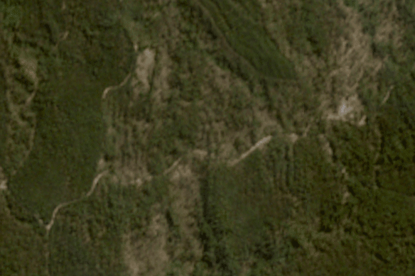 Satellite images show the destruction at Leonard’s Hill, in Wombat State Forest, from the air.