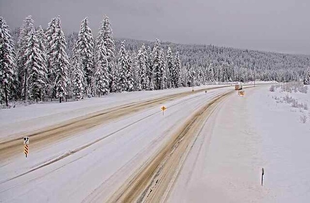 This image, taken from a DriveBC webcam shortly before 10 a.m. on Friday, Dec. 26, shows the condition of Highway 1 near the Donald Bridge between Golden and Revelstoke.
