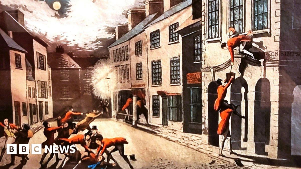 A painting of a number of men in red coats involved in a fight and painting a building red