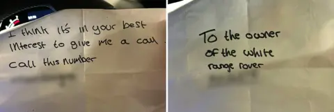 Two handwritten blackmail notes side by side. The first says: 'I think it's in your best interest to give me a call. Call this number [blurred]. The second note reads: 'To the owner of the white range rover [blurred].' 