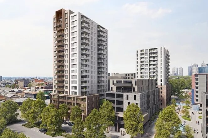 A drawing of a tall brown and white residential building surrounded by trees with a similar building behind it.