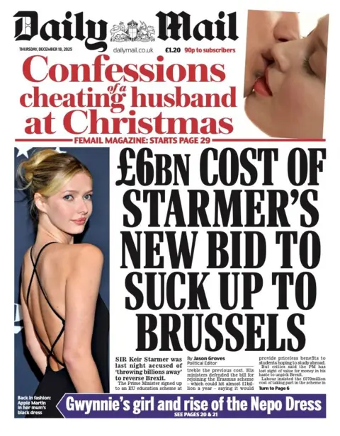 The headline on the front page of the Daily Mail reads: "£6bn cost of Starmer's new bid to suck up to Brussels".