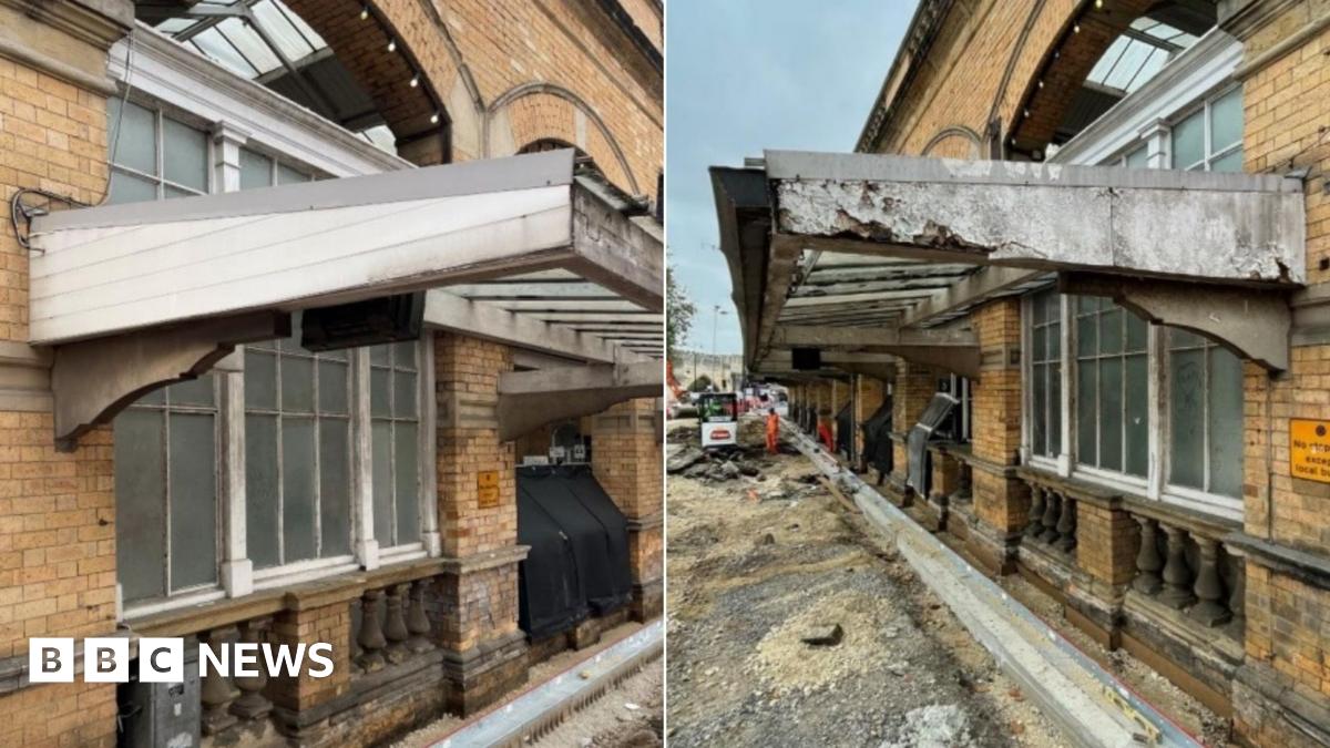 Side by side images showing, from different angles, a crumbling bus shelter canopy coming our from a brick buildings.