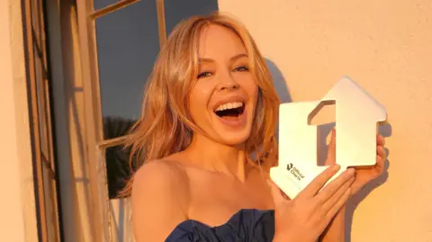 Official Charts Company Kylie Minogue smiling and holding her Official Charts number one trophy