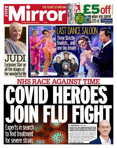 The headline on the front page of the Daily Mirror reads: "Covid heroes join flu fight". 