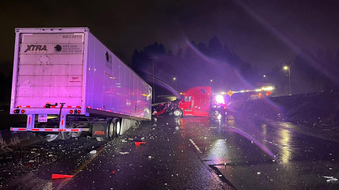 I-5 northbound still partially blocked near Olympia hours after collision involving semi-truck