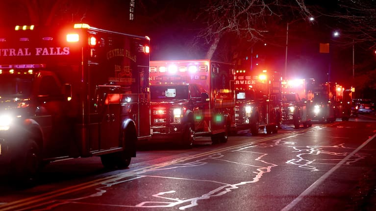 Emergency personnel gather at Hope and Waterman Streets at Brown University in Providence, Rhode Island.