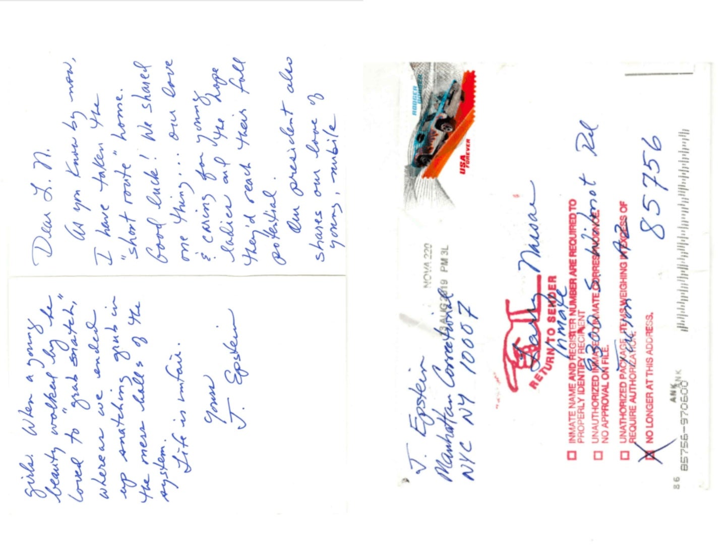 Federal investigators were probing the authenticity of a letter from 'J Epstein' to 'Larry Nassar' while Epstein was incarcerated in 2019, according to documents from the Justice Department