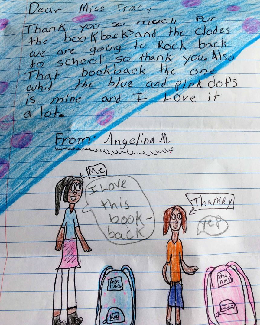 A child gave this thank-you note and drawing to a donor who provided essential supplies to her family.