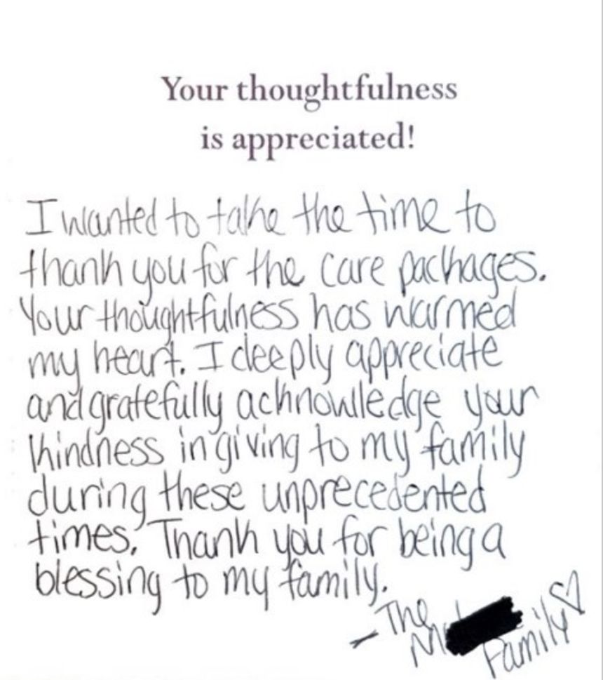 A family sent this letter to their sponsor family, thanking the donor for help 