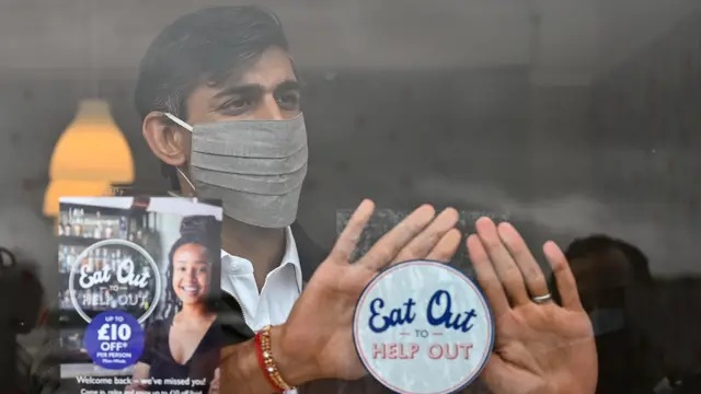 Rishi Sunak with an Eat out to Help out sticker