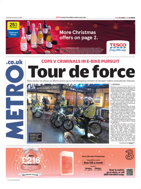 "Cops v Criminals in e-bike pursuit: Tour de force," reads the headline on the front page of the Metro.