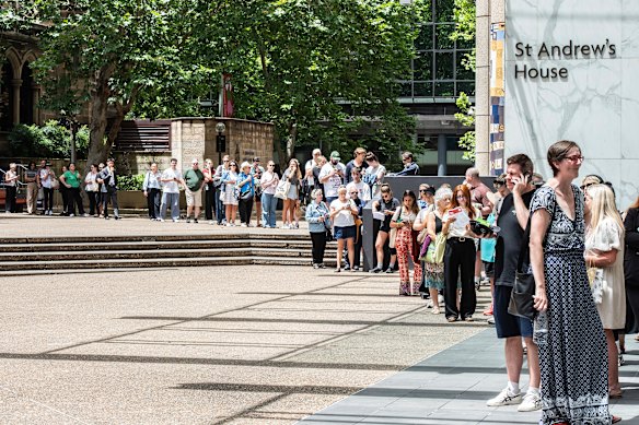 Blood donors queue outside the Town Hall Lifeblood centre in Sydney’s city centre on Monday. 