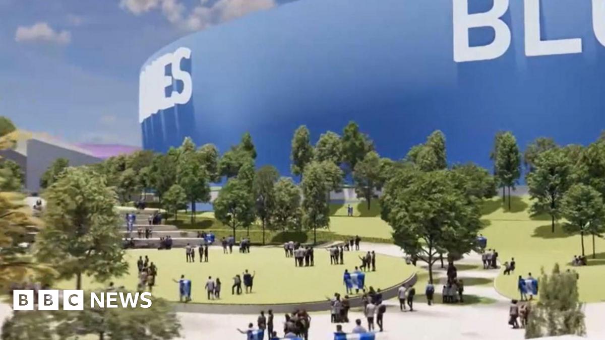 A computer-generated image showing groups of people standing in a public area with a large blue stadium behind them. The stadium has the word "Blues" on in white letters. There are trees and steps around them.