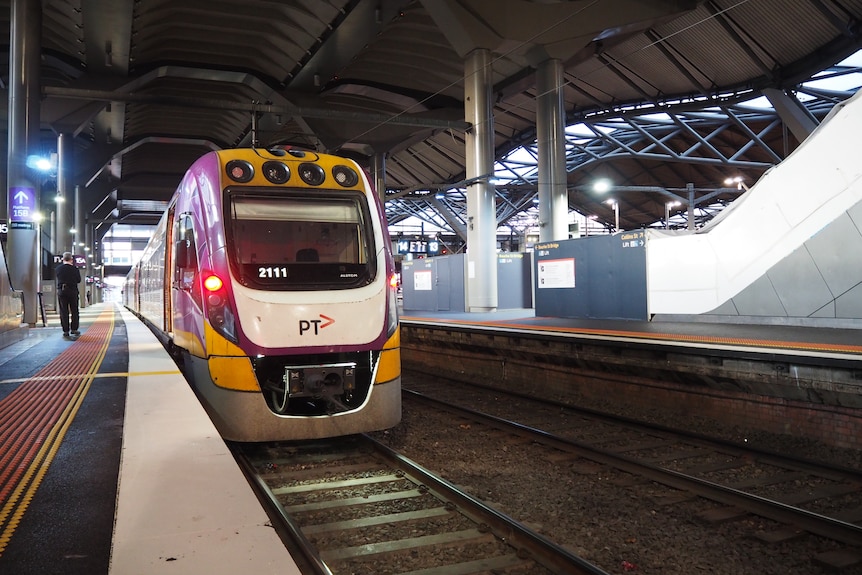 A V/Line train sits next to the platform at Southern Cross Station.