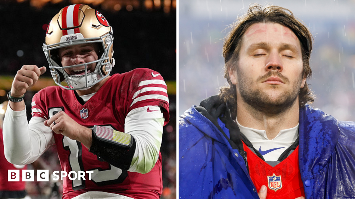 San Francisco 49ers quarterback Brock Purdy dancing after scoring a touchdown in a split picture with Buffalo's Josh Allen