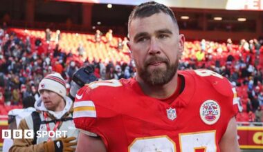 Travis Kelce looks disappointed as he leaves the field following the Kansas City Chiefs' defeat to the Los Angeles Chargers