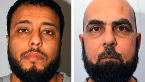 GMP Police custody images of Walid Saadaoui and Amar Hussein, who are both wearing grey t-shirts. Walid Saadaoui has short dark hair and a dark beard. Hussein is bald and has a short dark beard