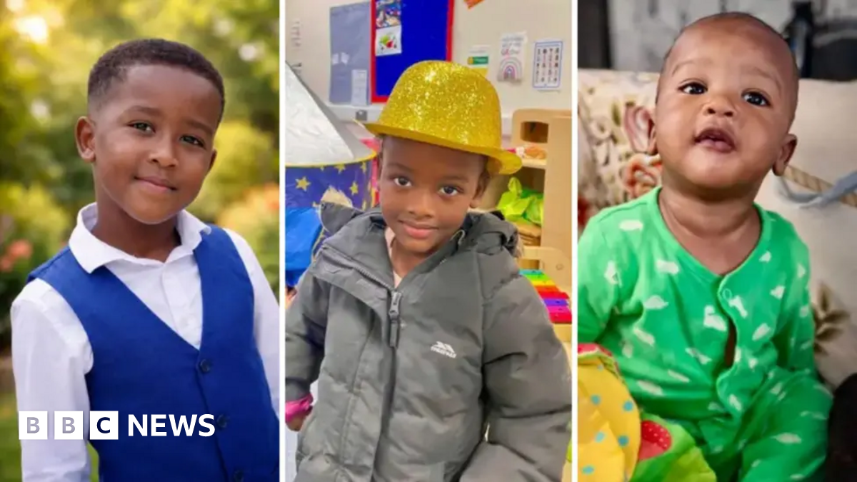 A collage picture of three children. On the left is one wearing a blue waistcoat over a white shirt. The middle child is wearing a yellow sparkly hat and a grey jacket and the third child is very young and is wearing a green and white romper suit