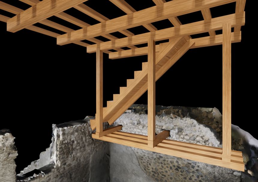 The researchers hypothesize how the existing beam holes may have been used to support a tower atop the the house.