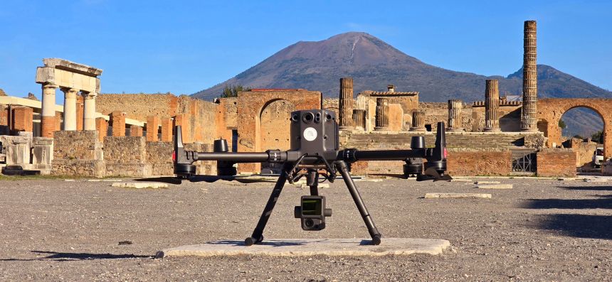 Researchers used drones to scan the Pompeiian building. Mount Vesuvius can be seen in the background.