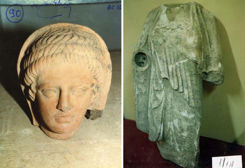Images of an Etruscan terracotta head and Kore statue that feature in the confiscated Medici archive