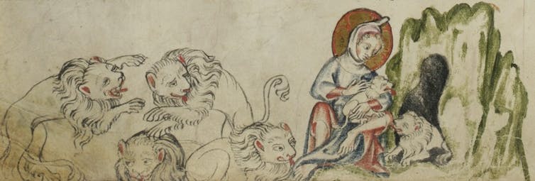 An illumination of a pack of lions looking at a young boy with a halo who is stroking a cub outside a cave.