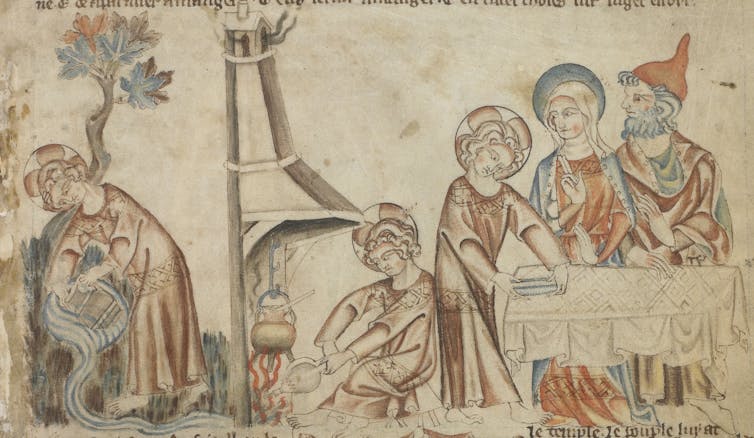 A faded manuscript illustration shows the same boy fetching water, tending a fire, and working at a table as a man and woman look on.