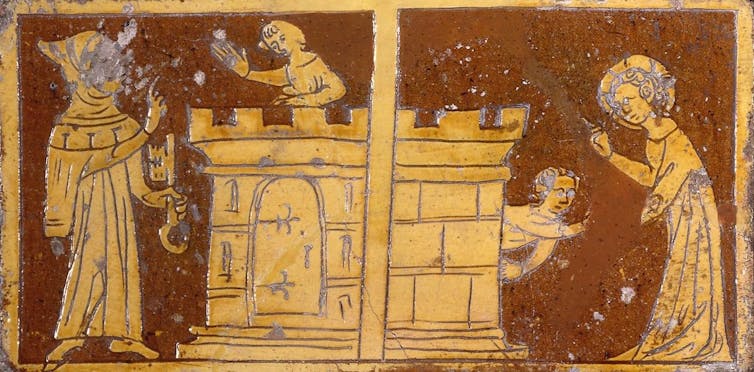 A dark red or brown tile has lighter etchings on it, with scenes of a man standing next to a tower that a child stands atop, and then the child exiting the tower as another figure with a halo looks on.