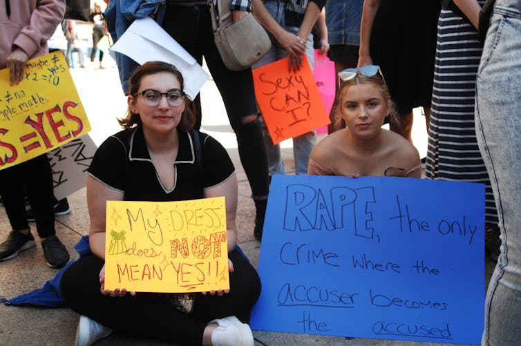 Anti-rape culture protesters gathered in a crowd.