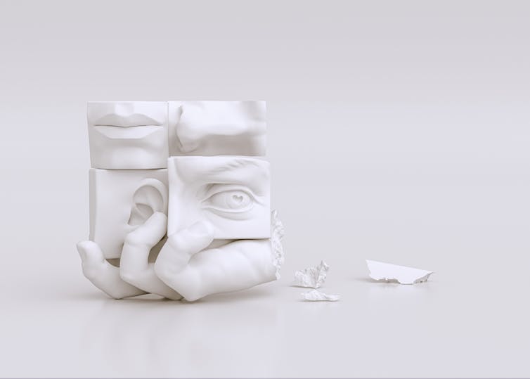 Five human senses concept: smell, touch, sight, taste, hearing. 3d rendering parts of face sense organs and hand of white sculpture