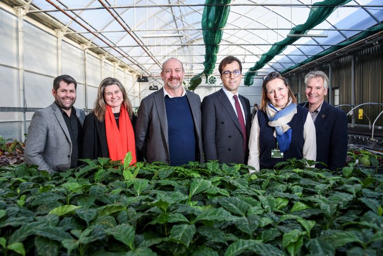 LtR: Cllr Leigh Frost, Jayne Kirkham MP, Perran Moon MP, Noah Law MP, Gus Grand, Piers Guy in a geothermal heated greenhouse at Eden’s Growing Point plant nursery