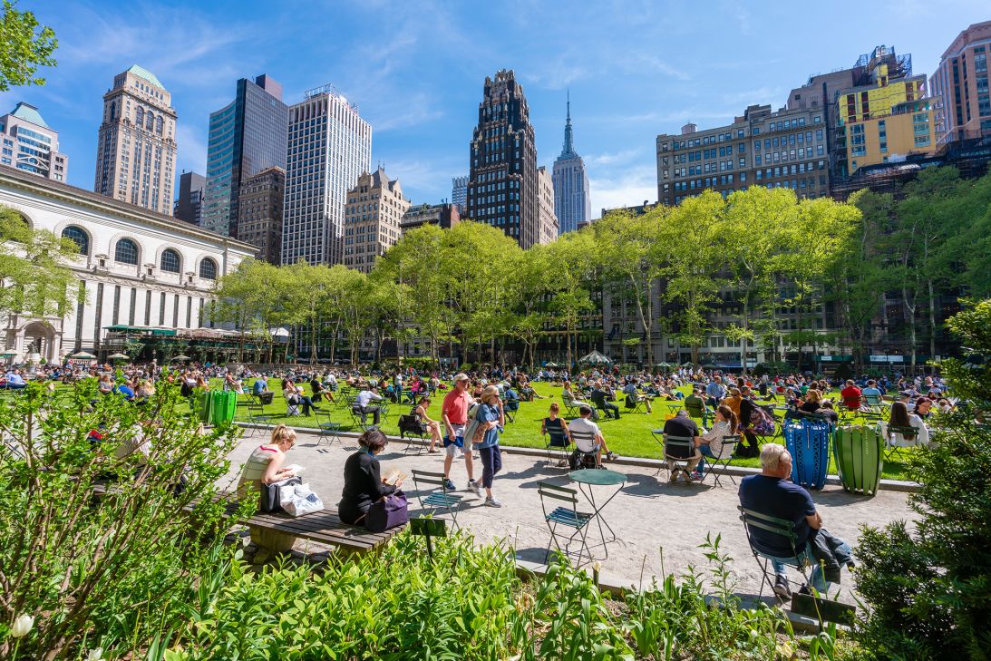 Bryant Park in Midtown Manhattan functions much like a piazza or a square. In some American cities, parks provide crucial communal space.