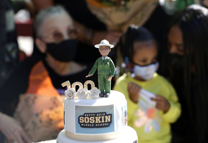 Betty Reid Soskin, the oldest ever full-time National Park Service ranger in the United States, looks at a birthday cake during a ceremony for the newly renamed Betty Reid Soskin Middle School on September 22, 2021 in El Sobrante, California.