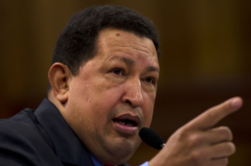 Venezuelan President Hugo Chavez gives his first press conference after winning national elections on October 9, 2012, in Caracas, Venezuela.