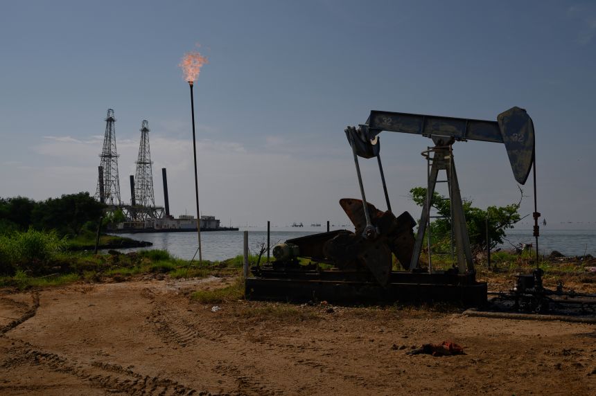 A Petroleos de Venezuela SA oil pumpjack on Lake Maracaibo in Cabimas, Zulia state, Venezuela, in 2023.