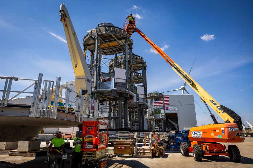 Wind turbine foundation components for an offshore wind project in New England are manufactured at the Port of Providence in Providence, Rhode Island, in June 2024.