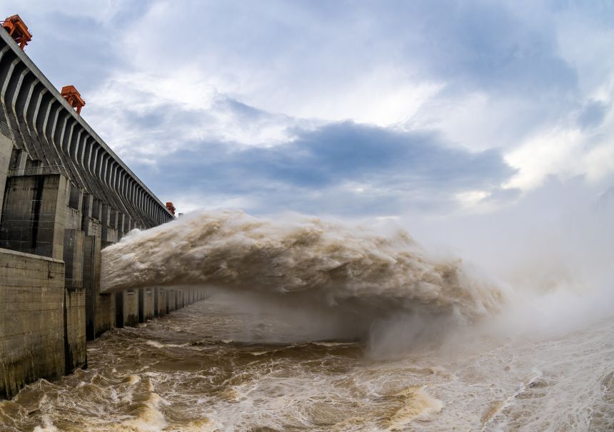 The Three Gorges Dam opens seven deep holes to discharge water in Yichang, China, in July 2024.