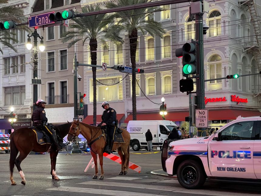 Police cordon off the intersection of Canal Street and Bourbon Street in the French Quarter of New Orleans, Louisiana, on January 1, 2025.