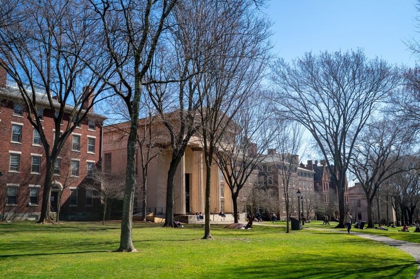 Students walk through Brown's main campus in March.