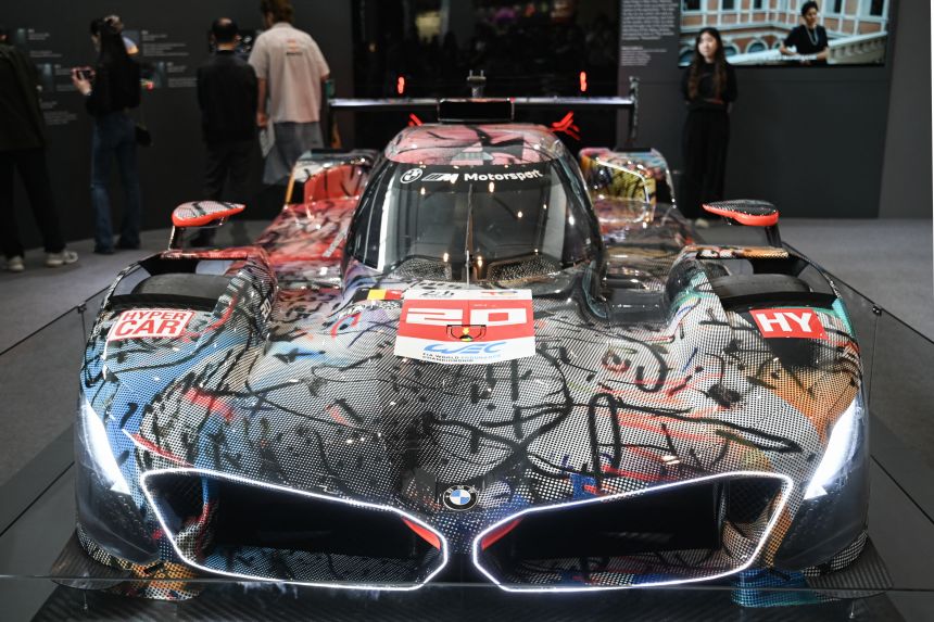The BMW M Hybrid V8 Le Mans car, the 20th Art Car by artist Julie Mehretu, is seen on display at the Art Basel international art fair in Hong Kong on March 28, 2025.
