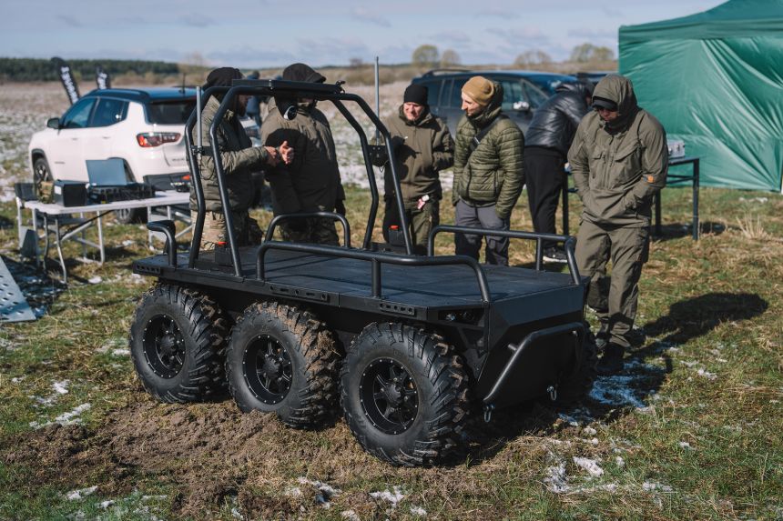 An unmanned ground vehicle for use for logistics and evacuations is on display at a test exhibition on April 11, 2025.