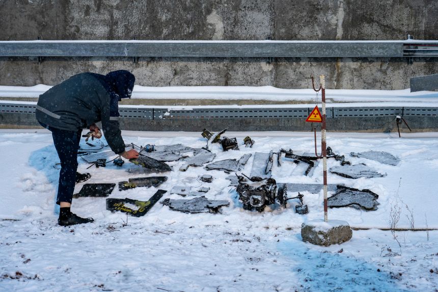Fragments of a drone that struck the New Safe Confinement in the Chernobyl Exclusion Zone following the February 14, 2025, attack.