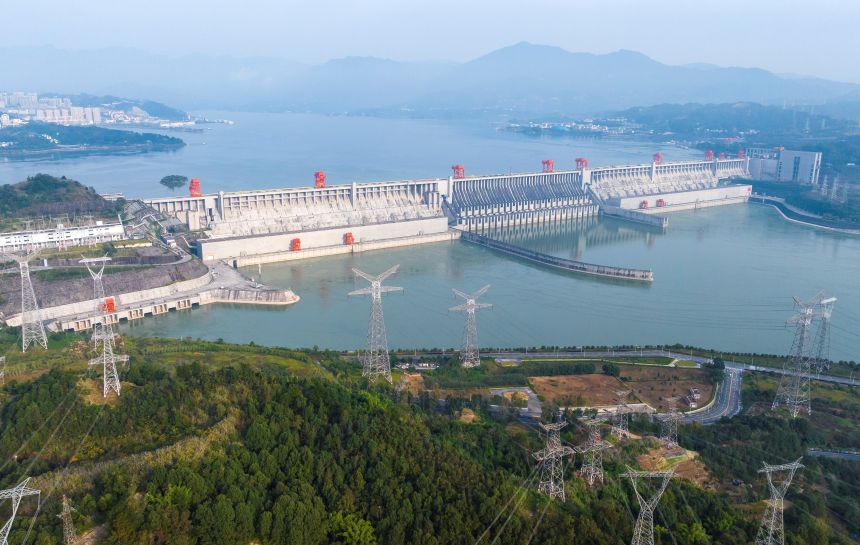 The Three Gorges Dam and its outbound power transmission lines in Yichang, China, on November 2, 2025.